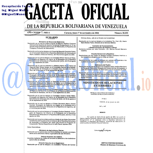 Gaceta Oficial 38055 del 1 Noviembre 2004