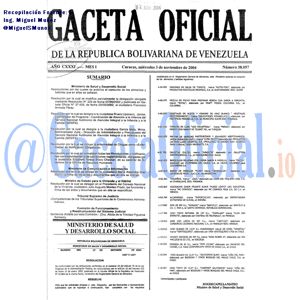 Gaceta Oficial 38057 del 3 Noviembre 2004