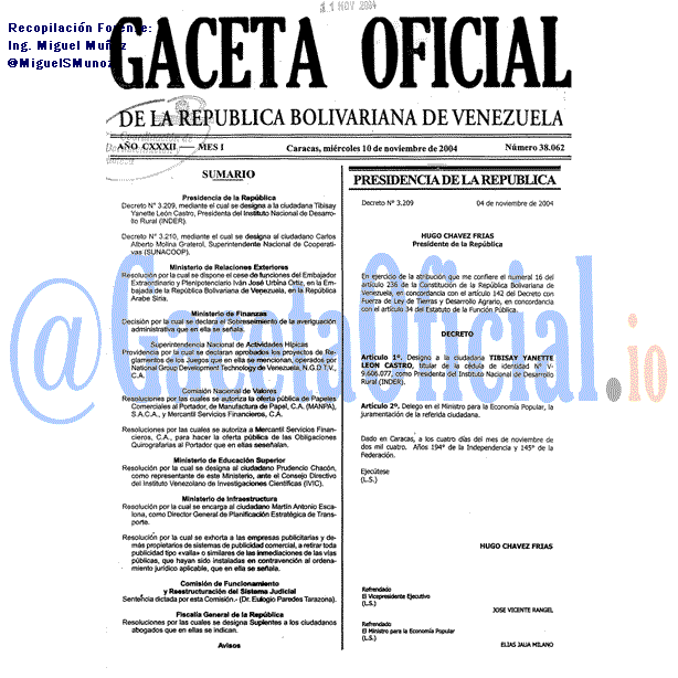 Gaceta Oficial 38062 del 10 Noviembre 2004