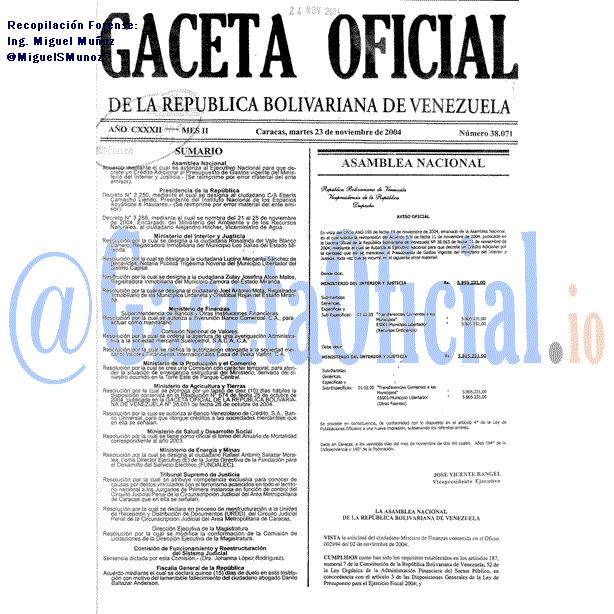 Gaceta Oficial 38071 del 23 Noviembre 2004
