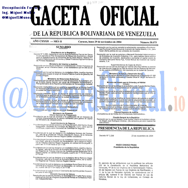 Gaceta Oficial 38075 del 29 Noviembre 2004