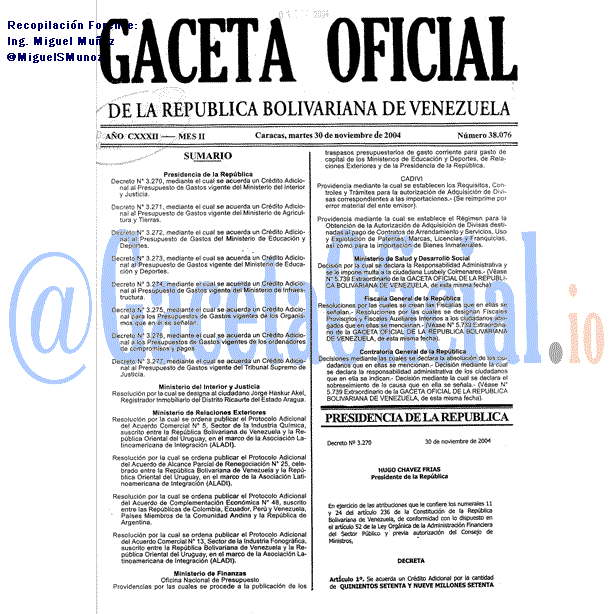 Gaceta Oficial 38076 del 30 Noviembre 2004