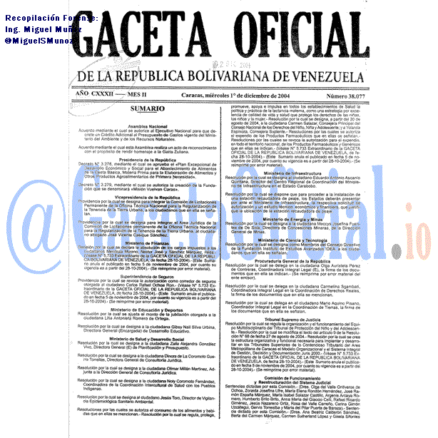 Gaceta Oficial 38077 del 1 Diciembre 2004