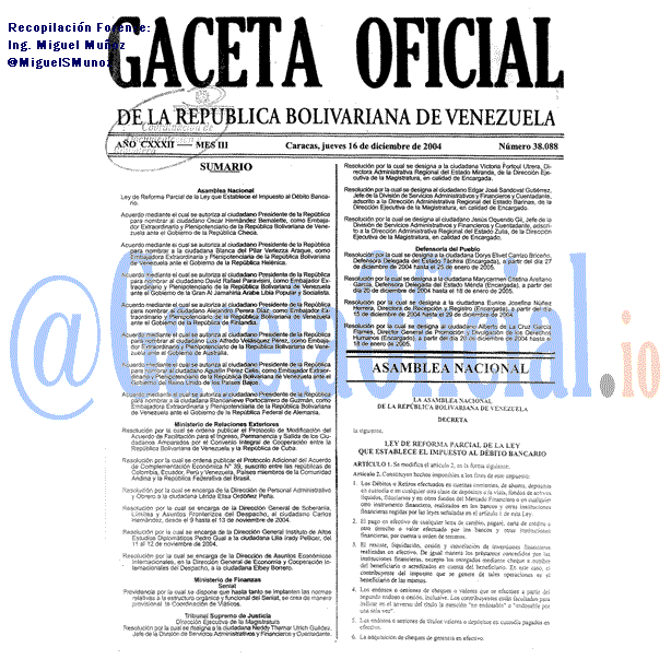 Gaceta Oficial 38088 del 16 Diciembre 2004