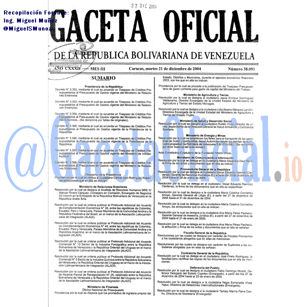 Gaceta Oficial 38091 del 21 Diciembre 2004