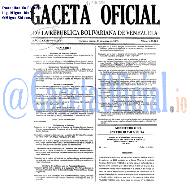 Gaceta Oficial 38104 del 11 Enero 2005