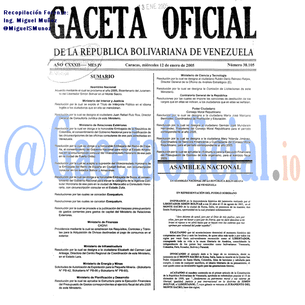 Gaceta Oficial 38105 del 12 Enero 2005