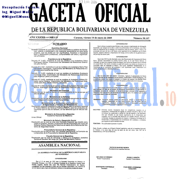 Gaceta Oficial 38107 del 14 Enero 2005