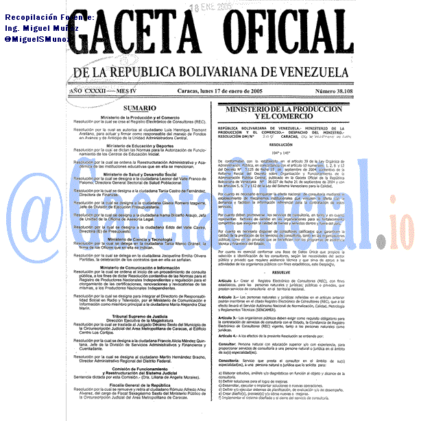 Gaceta Oficial 38108 del 17 Enero 2005