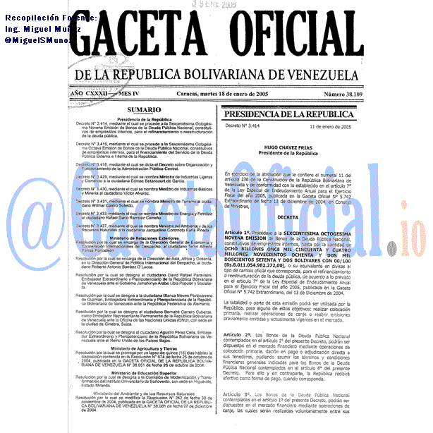 Gaceta Oficial 38109 del 18 Enero 2005