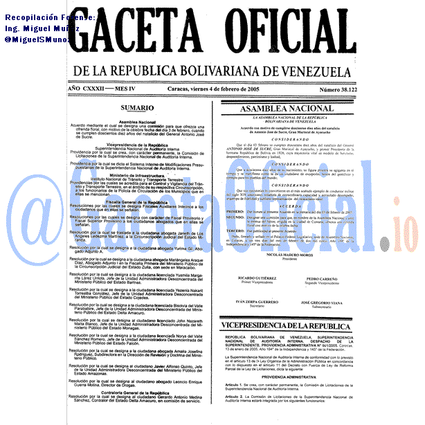 Gaceta Oficial 38122 del 4 Febrero 2005