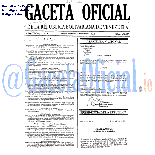 Gaceta Oficial 38123 del 9 Febrero 2005