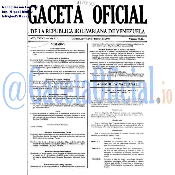 Gaceta Oficial 38124 del 10 Febrero 2005