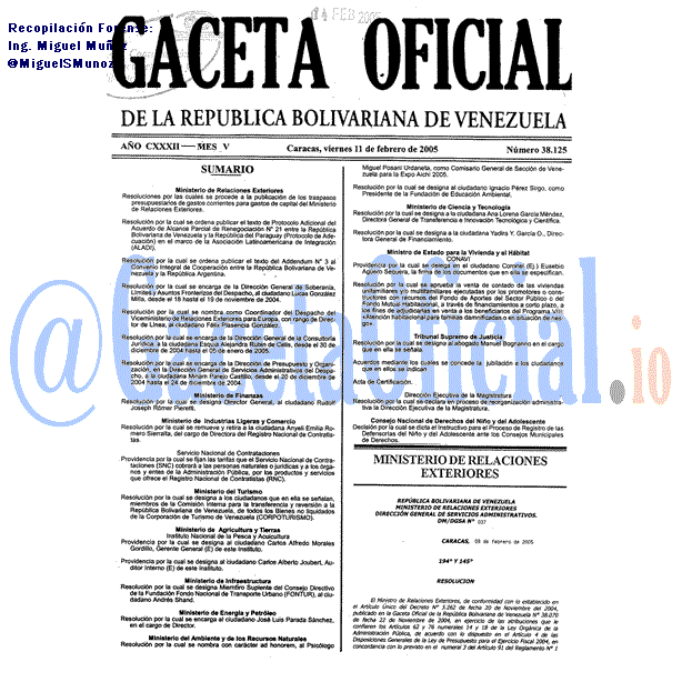 Gaceta Oficial 38125 del 11 Febrero 2005