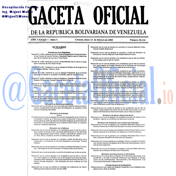 Gaceta Oficial 38126 del 14 Febrero 2005