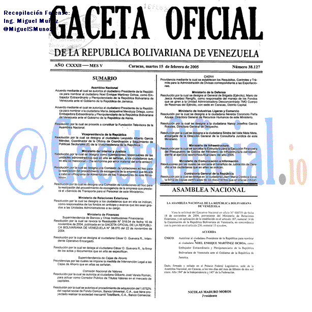 Gaceta Oficial 38127 del 15 Febrero 2005
