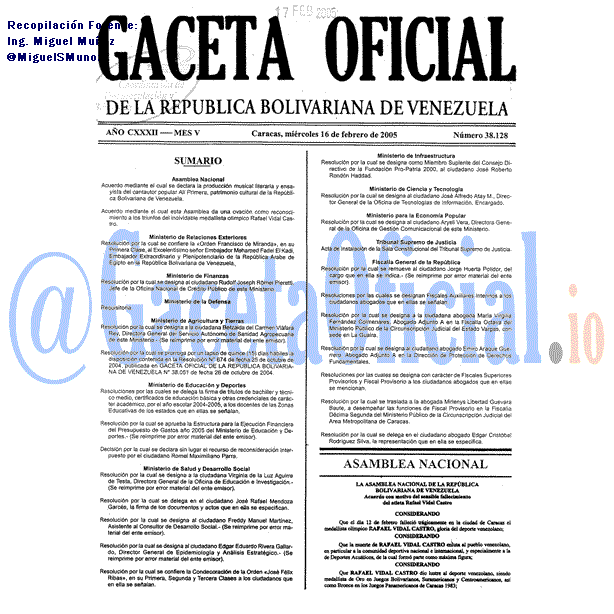Gaceta Oficial 38128 del 16 Febrero 2005