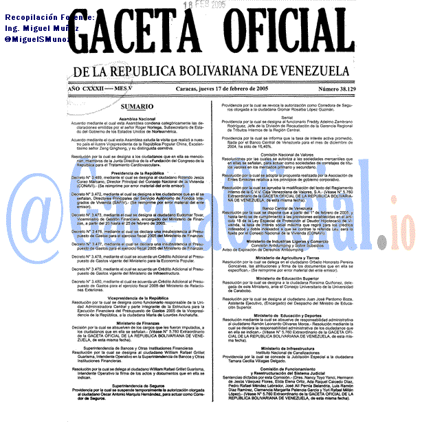 Gaceta Oficial 38129 del 17 Febrero 2005