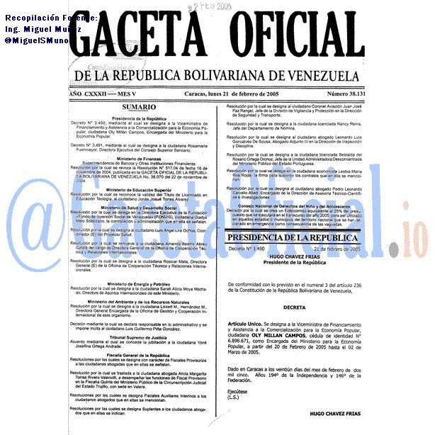 Gaceta Oficial 38131 del 21 Febrero 2005