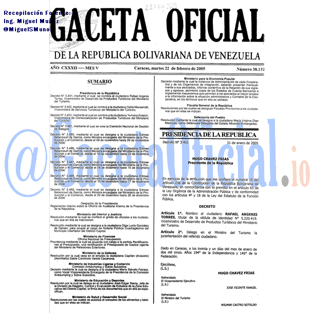 Gaceta Oficial 38132 del 22 Febrero 2005