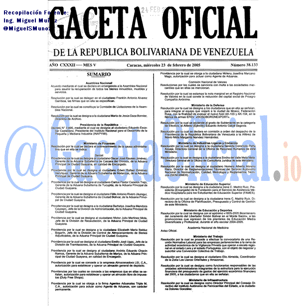 Gaceta Oficial 38133 del 23 Febrero 2005