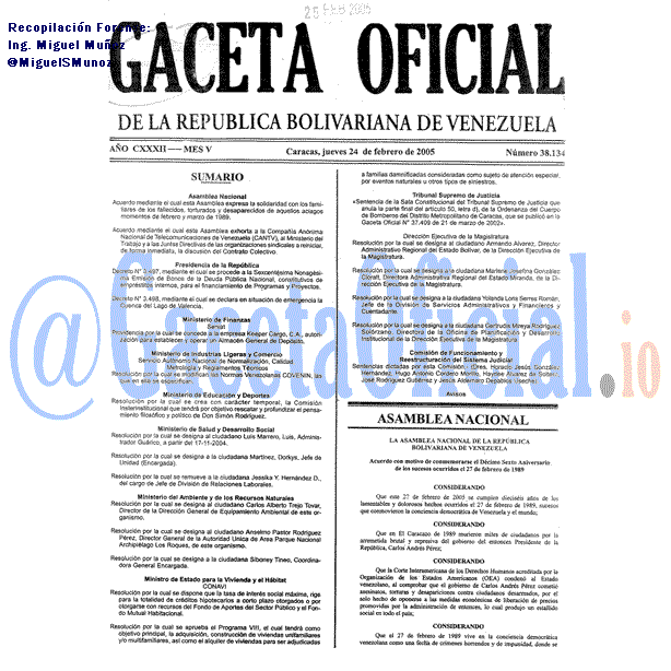 Gaceta Oficial 38134 del 24 Febrero 2005