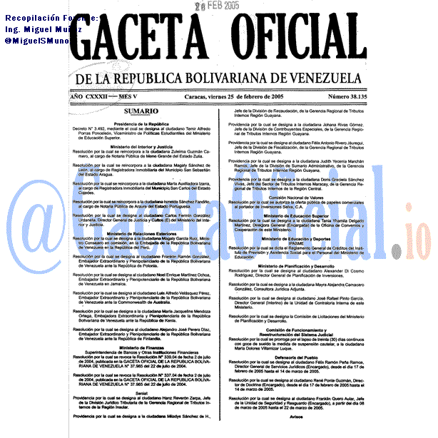 Gaceta Oficial 38135 del 25 Febrero 2005