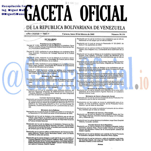 Gaceta Oficial 38136 del 28 Febrero 2005