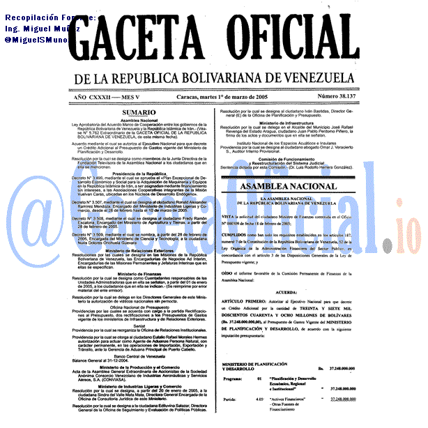 Gaceta Oficial 38137 del 1 Marzo 2005