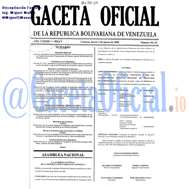 Gaceta Oficial 38139 del 3 Marzo 2005