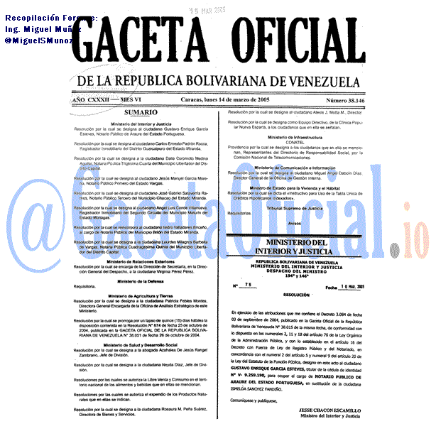 Gaceta Oficial 38146 del 14 Marzo 2005