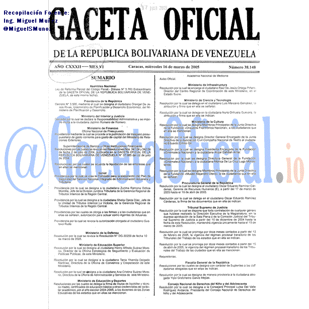 Gaceta Oficial 38148 del 16 Marzo 2005