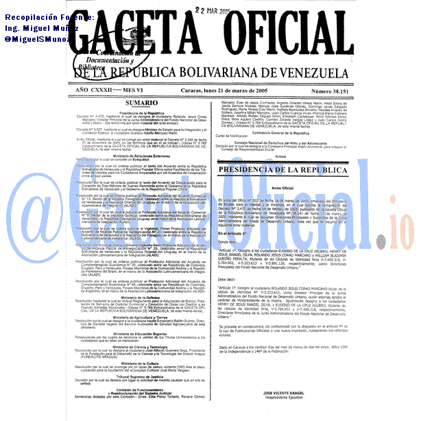 Gaceta Oficial 38151 del 21 Marzo 2005