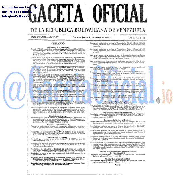 Gaceta Oficial 38156 del 31 Marzo 2005