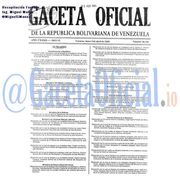 Gaceta Oficial 38158 del 4 Abril 2005