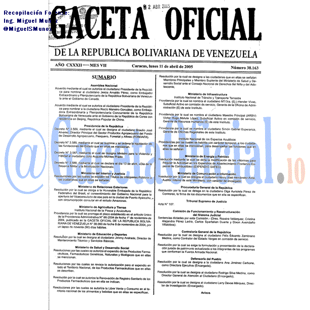 Gaceta Oficial 38163 del 11 Abril 2005
