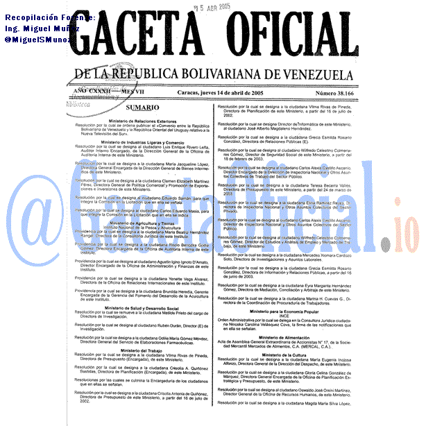 Gaceta Oficial 38166 del 14 Abril 2005