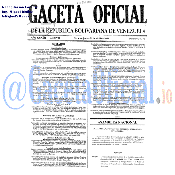 Gaceta Oficial 38170 del 21 Abril 2005