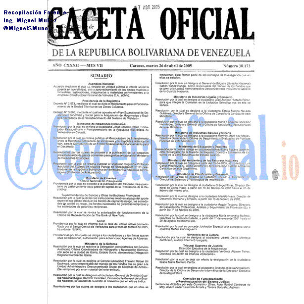 Gaceta Oficial 38173 del 26 Abril 2005