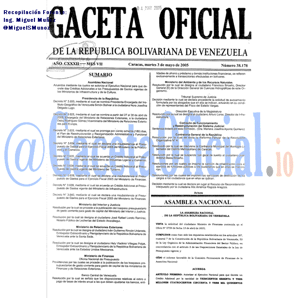 Gaceta Oficial 38178 del 3 Mayo 2005
