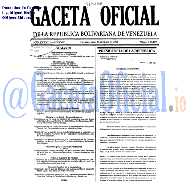 Gaceta Oficial 38187 del 16 Mayo 2005