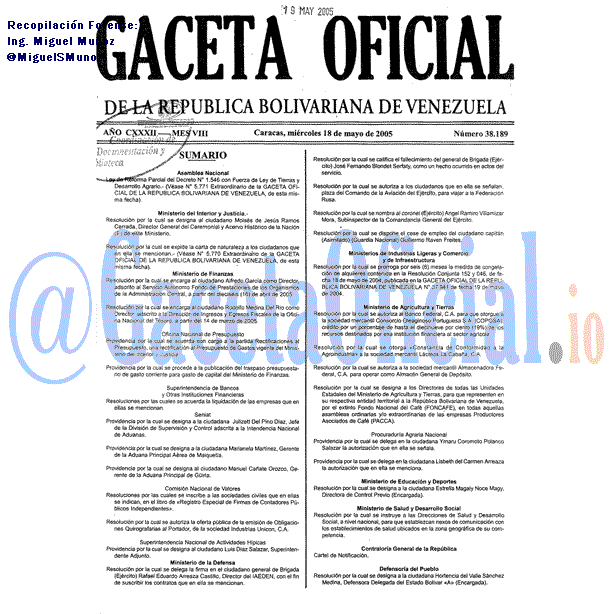Gaceta Oficial 38189 del 18 Mayo 2005