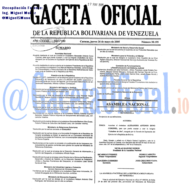 Gaceta Oficial 38195 del 26 Mayo 2005