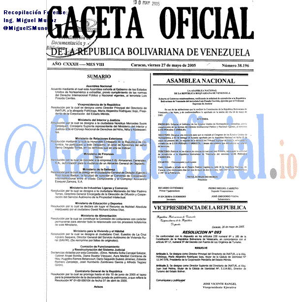 Gaceta Oficial 38196 del 27 Mayo 2005