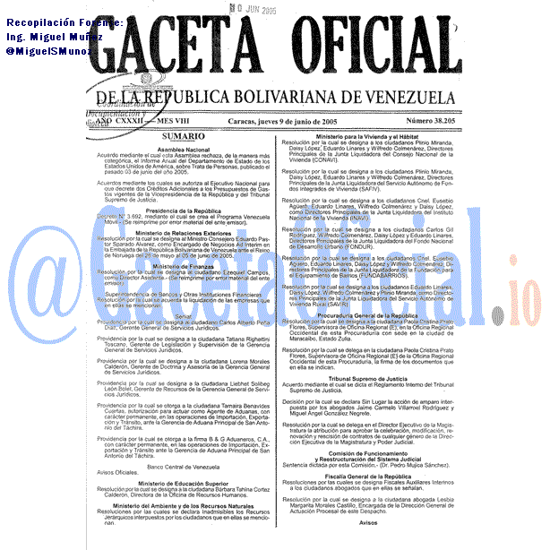 Gaceta Oficial 38205 del 9 Junio 2005