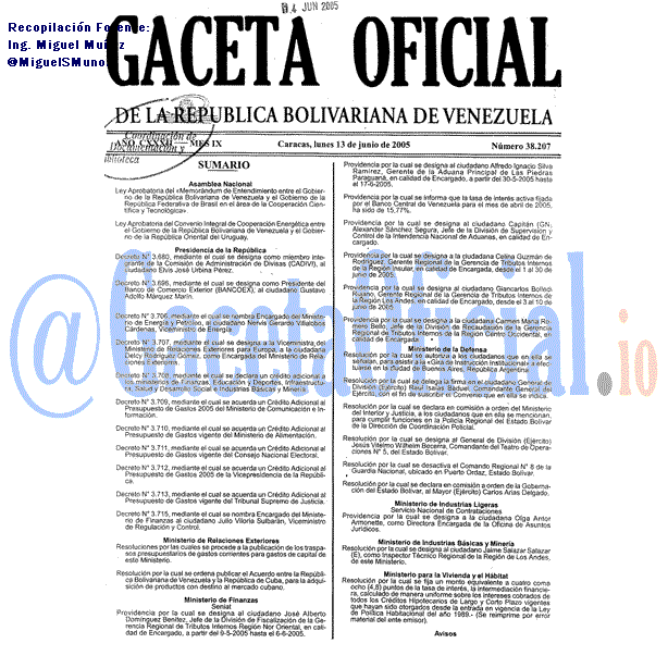 Gaceta Oficial 38207 del 13 Junio 2005