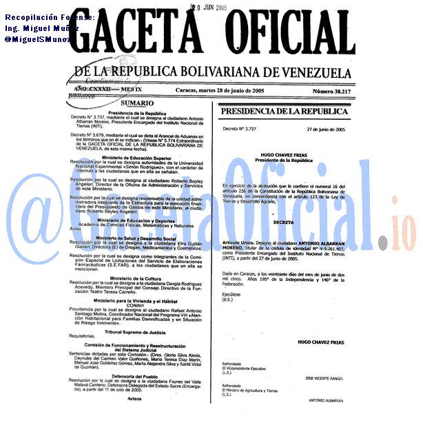 Gaceta Oficial 38217 del 28 Junio 2005
