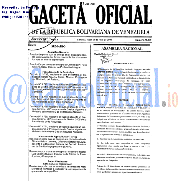 Gaceta Oficial 38225 del 11 Julio 2005