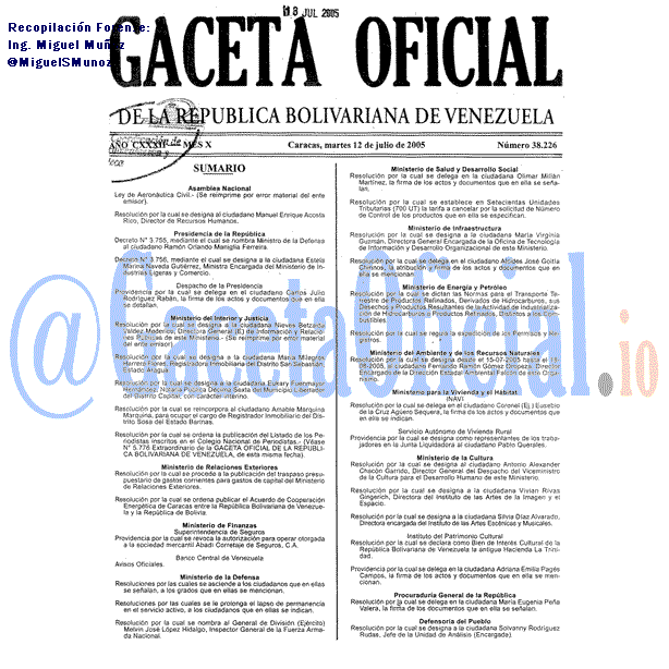 Gaceta Oficial 38226 del 12 Julio 2005