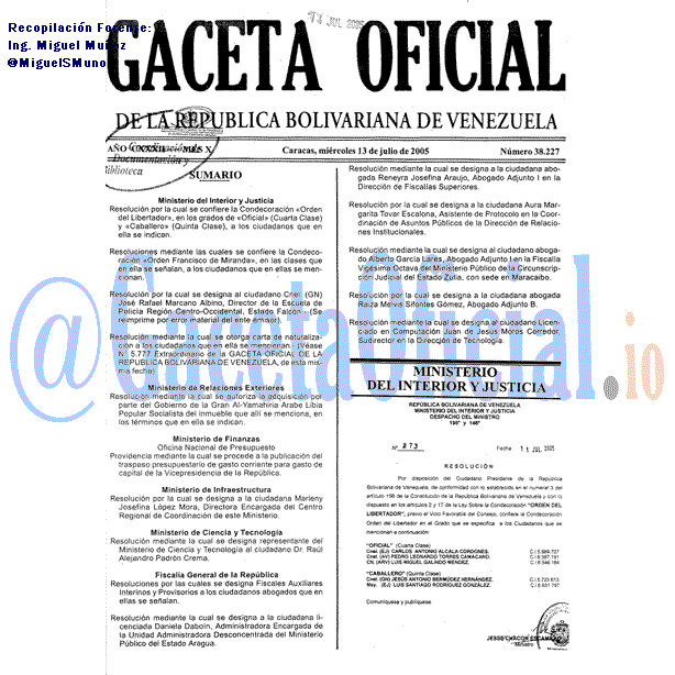 Gaceta Oficial 38227 del 13 Julio 2005